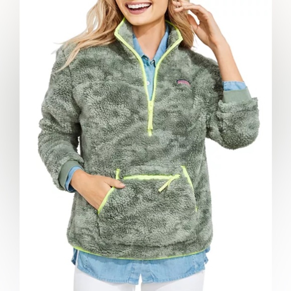 Vineyard Vines Olive Green Sherpa Half-Zip Pullover with Neon Yellow Trim